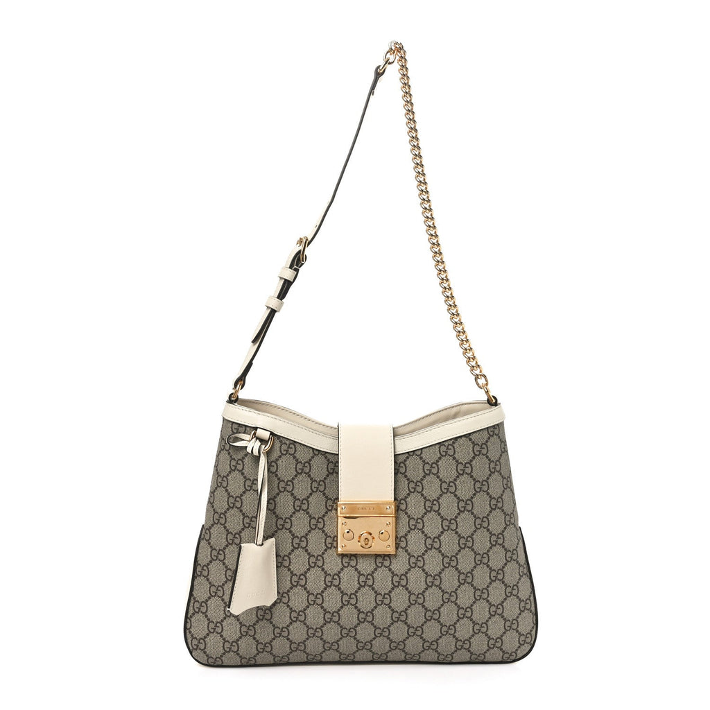 GG Supreme Monogram Moon Calfskin Medium Padlock Shoulder Bag Beige Ebony Mystic White
