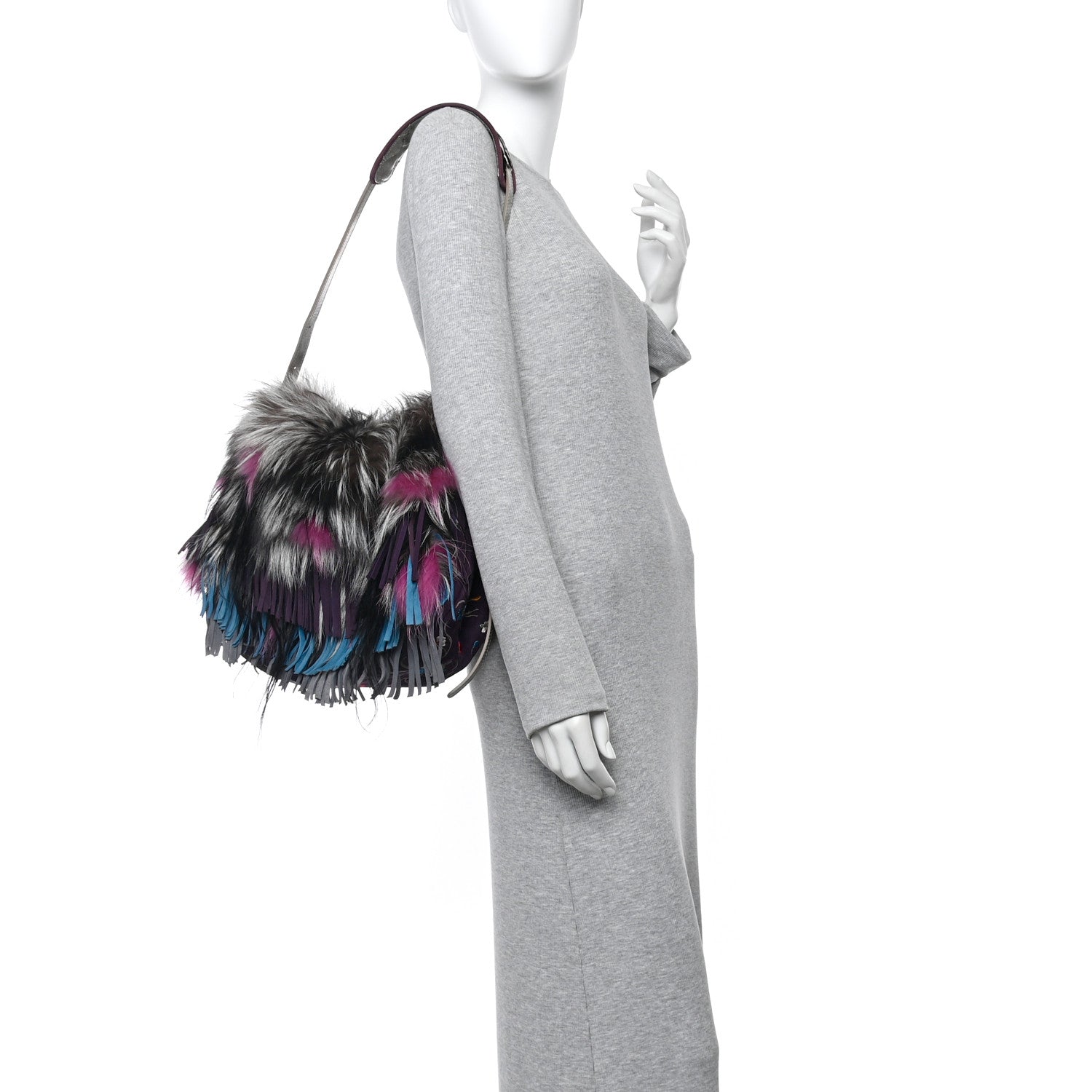 Fox Fur Suede Floral Embroidered Biker Shoulder Bag