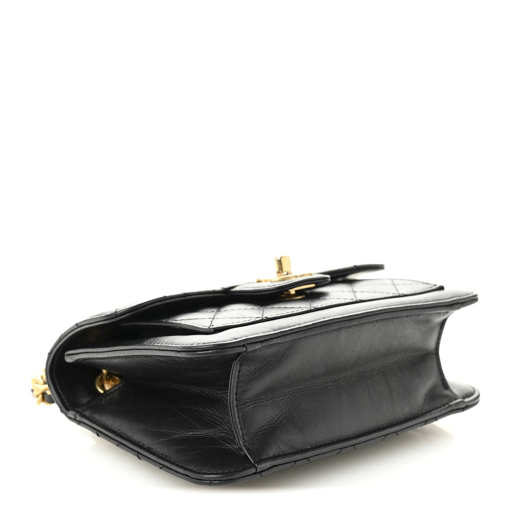 Aged Calfskin Quilted Double You Mini Flap Black
