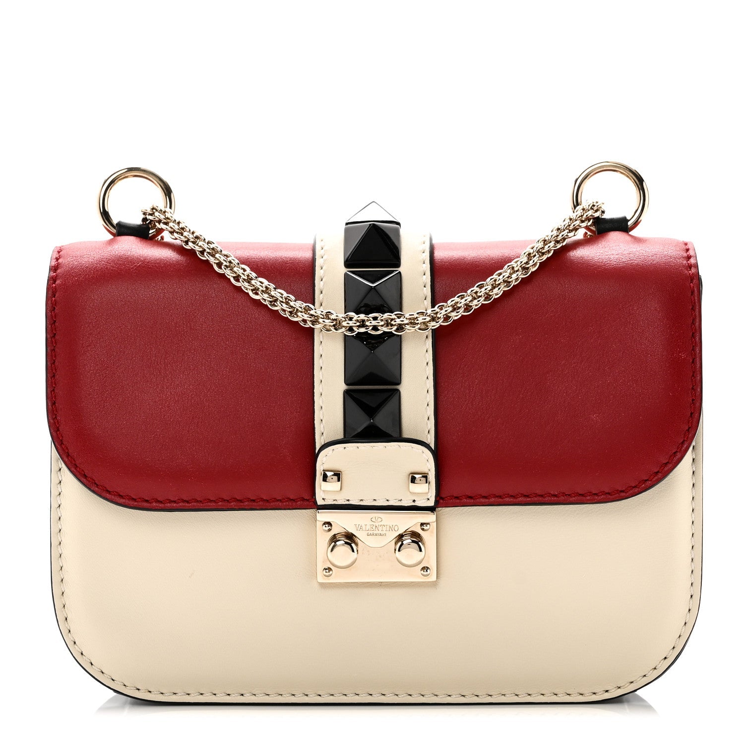Vitello Small Glam Lock Rockstud Flap Red Ivory Black