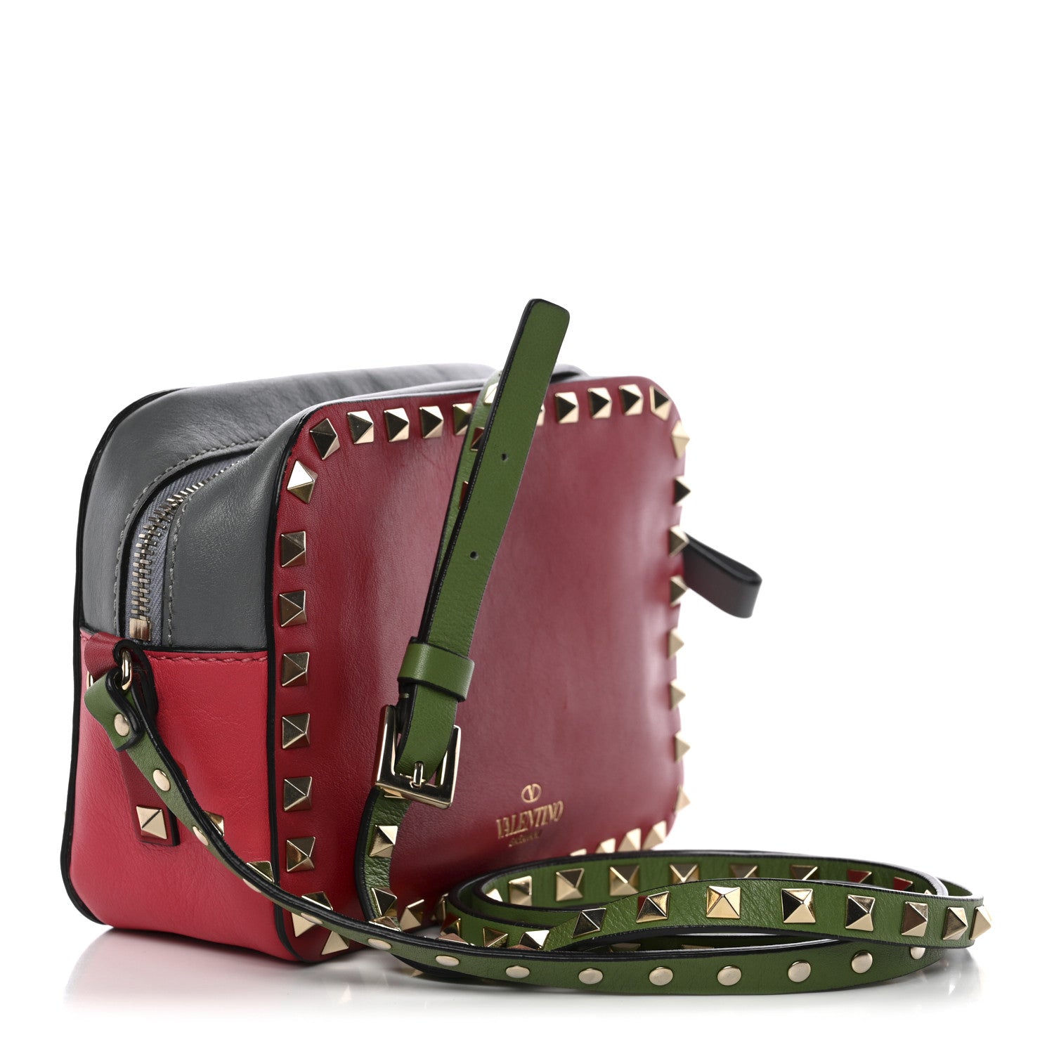 Vitello Colorblock Rockstud Camera Crossbody Bag Deep Rose Clover