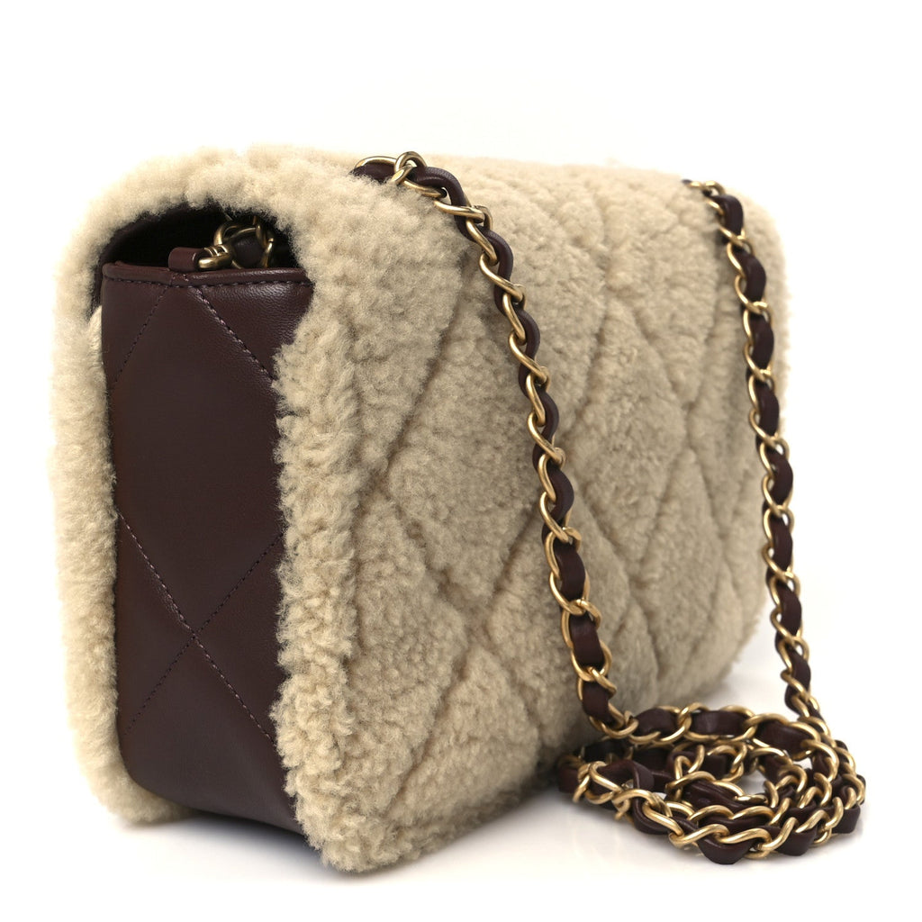 Shearling Lambskin Quilted Furry Coco Flap Dark Brown Beige