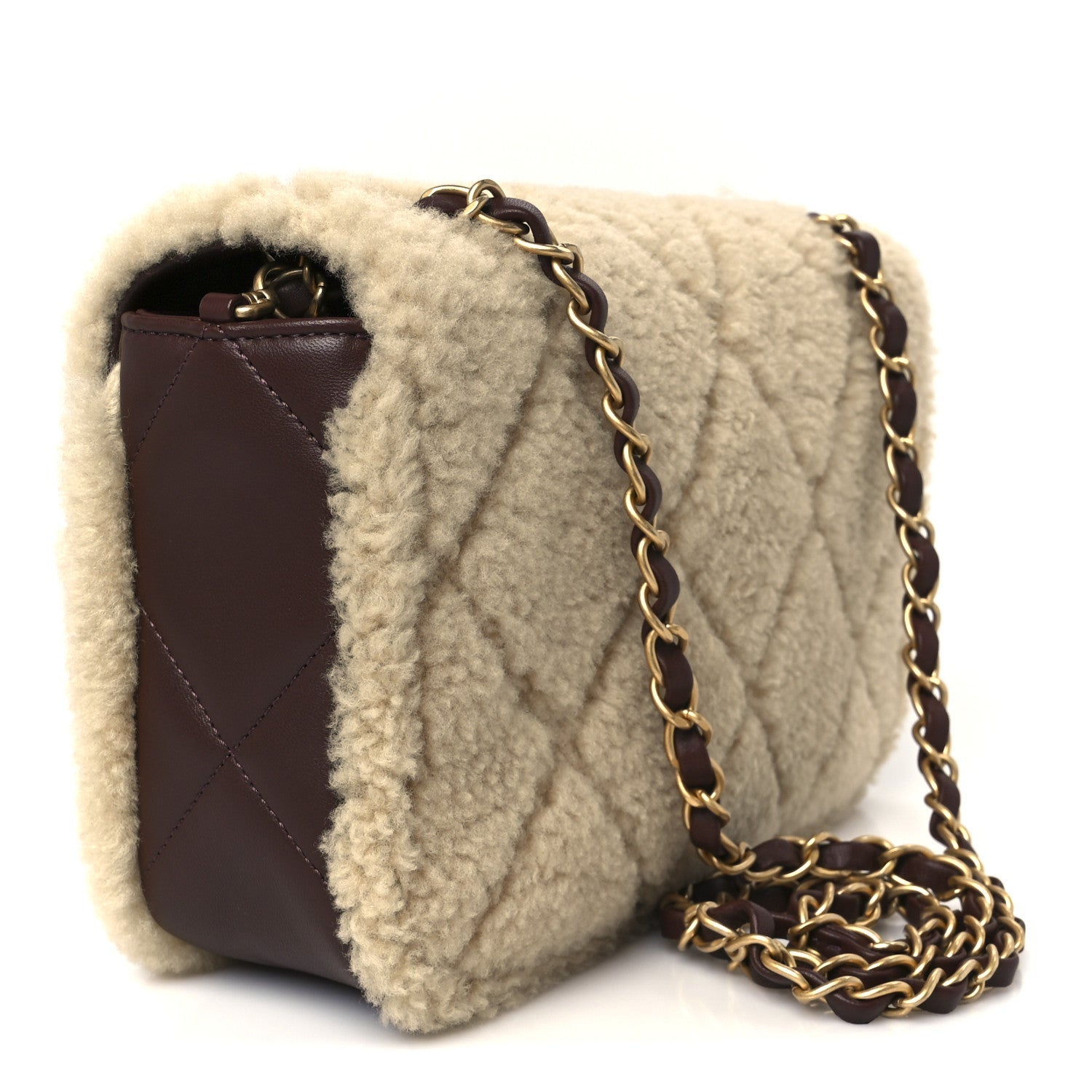 Shearling Lambskin Quilted Furry Coco Flap Dark Brown Beige