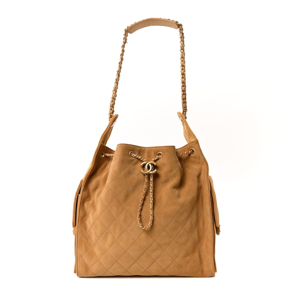 Suede Quilted Medium Chanel 25 Handbag Beige