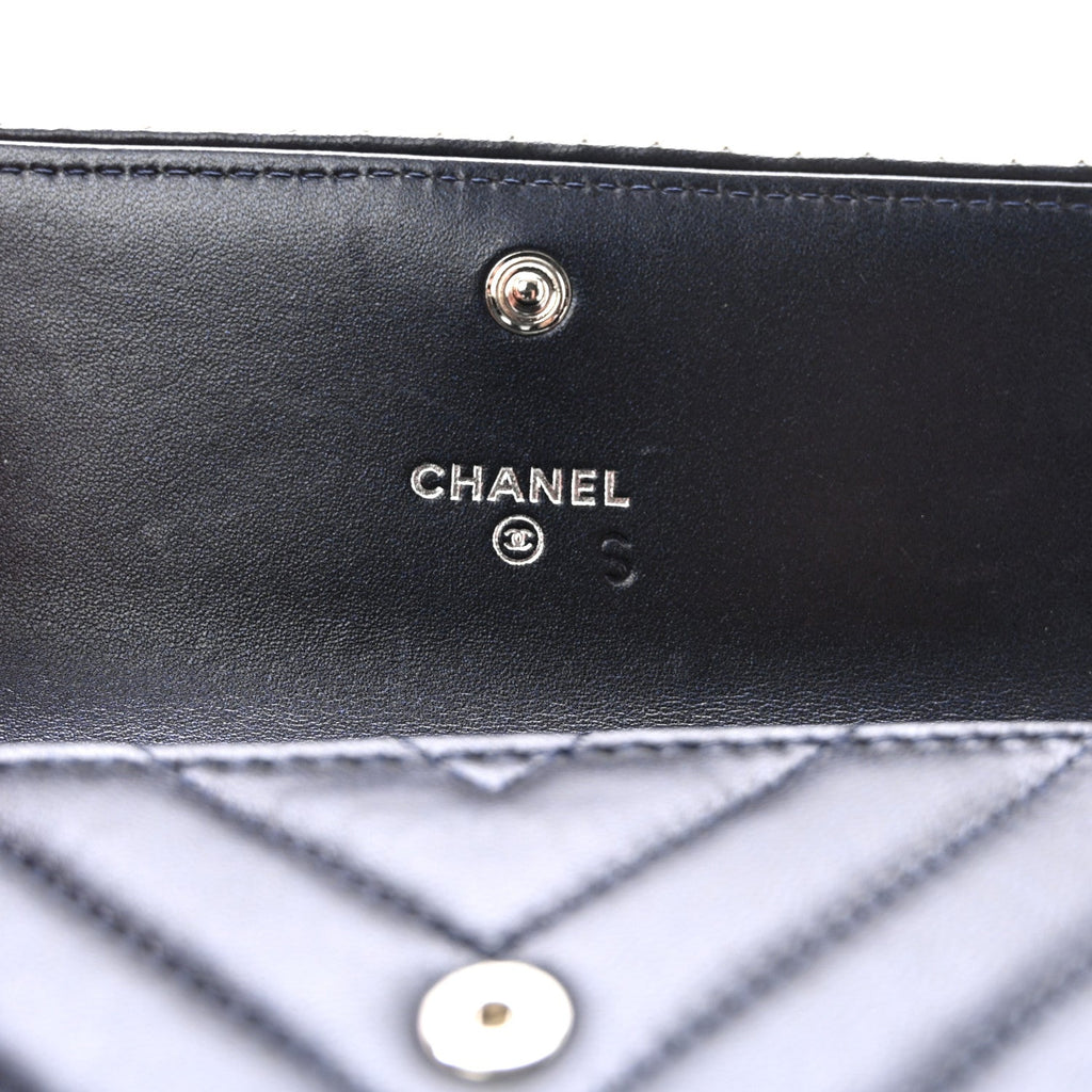 Lambskin Chevron Quilted Studded Small Flap Wallet Navy Blue