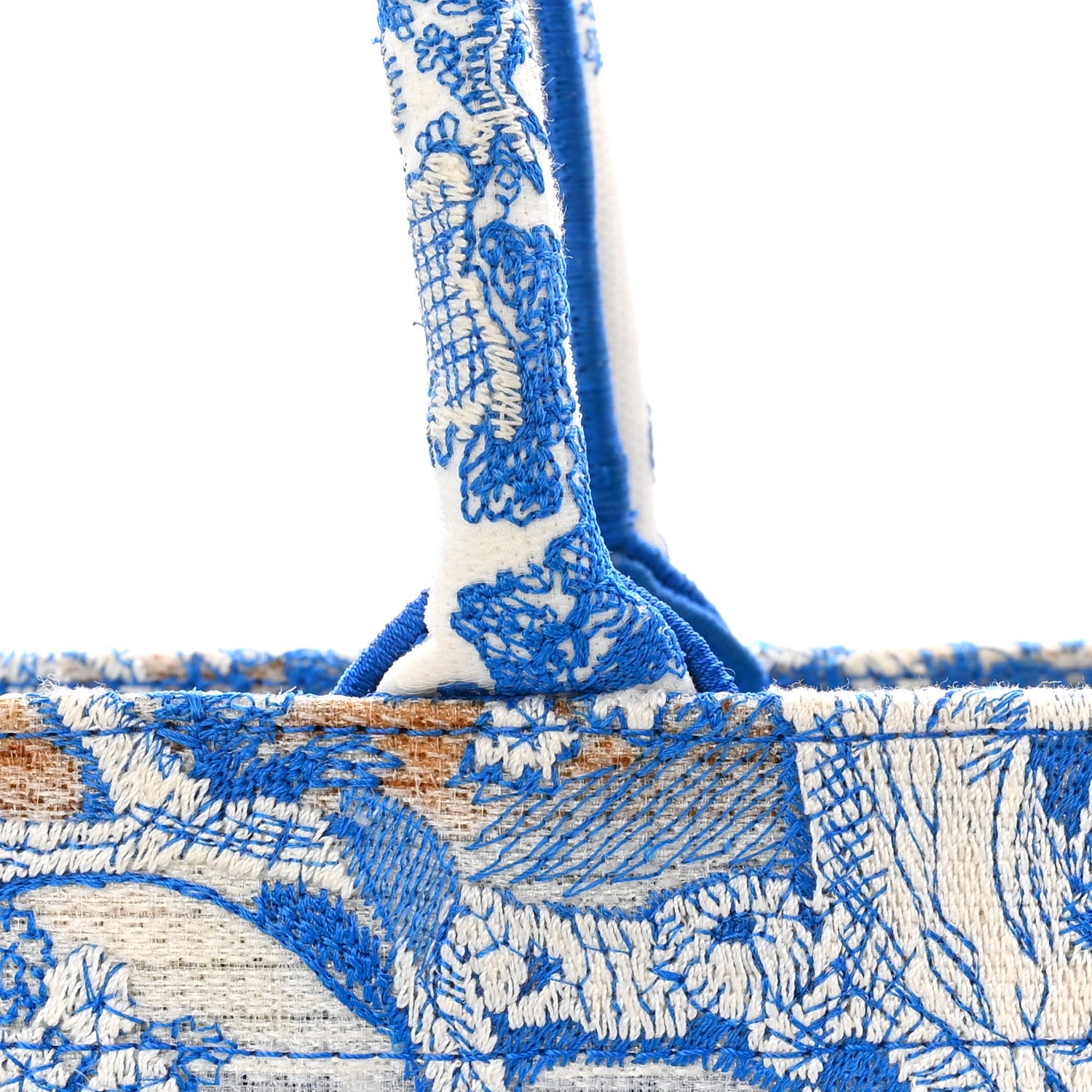 Transparent Canvas Embroidered Large Toile De Jouy Reverse Book Tote Fluorescent Blue