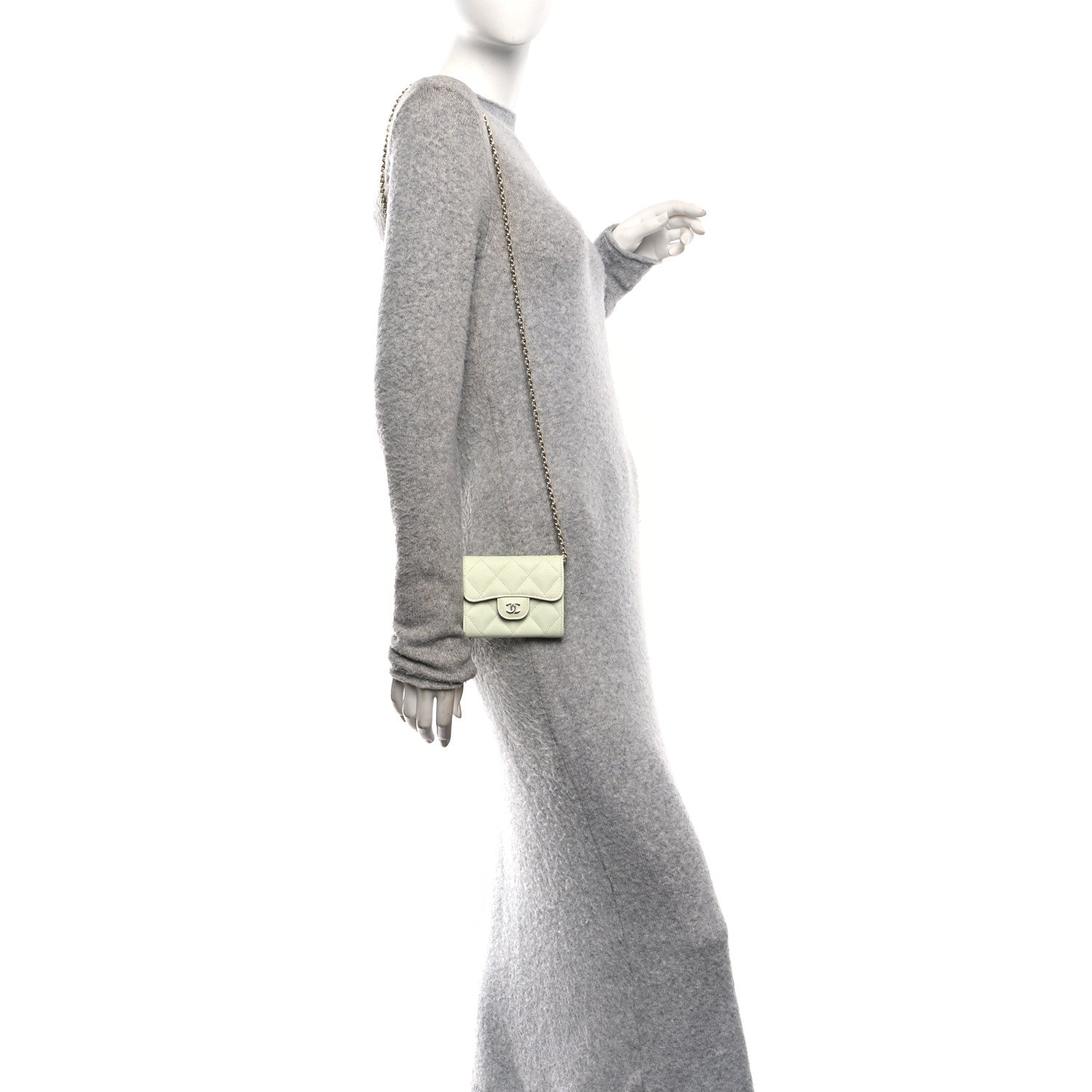 Caviar Quilted Flap  Holder On Chain Light Green