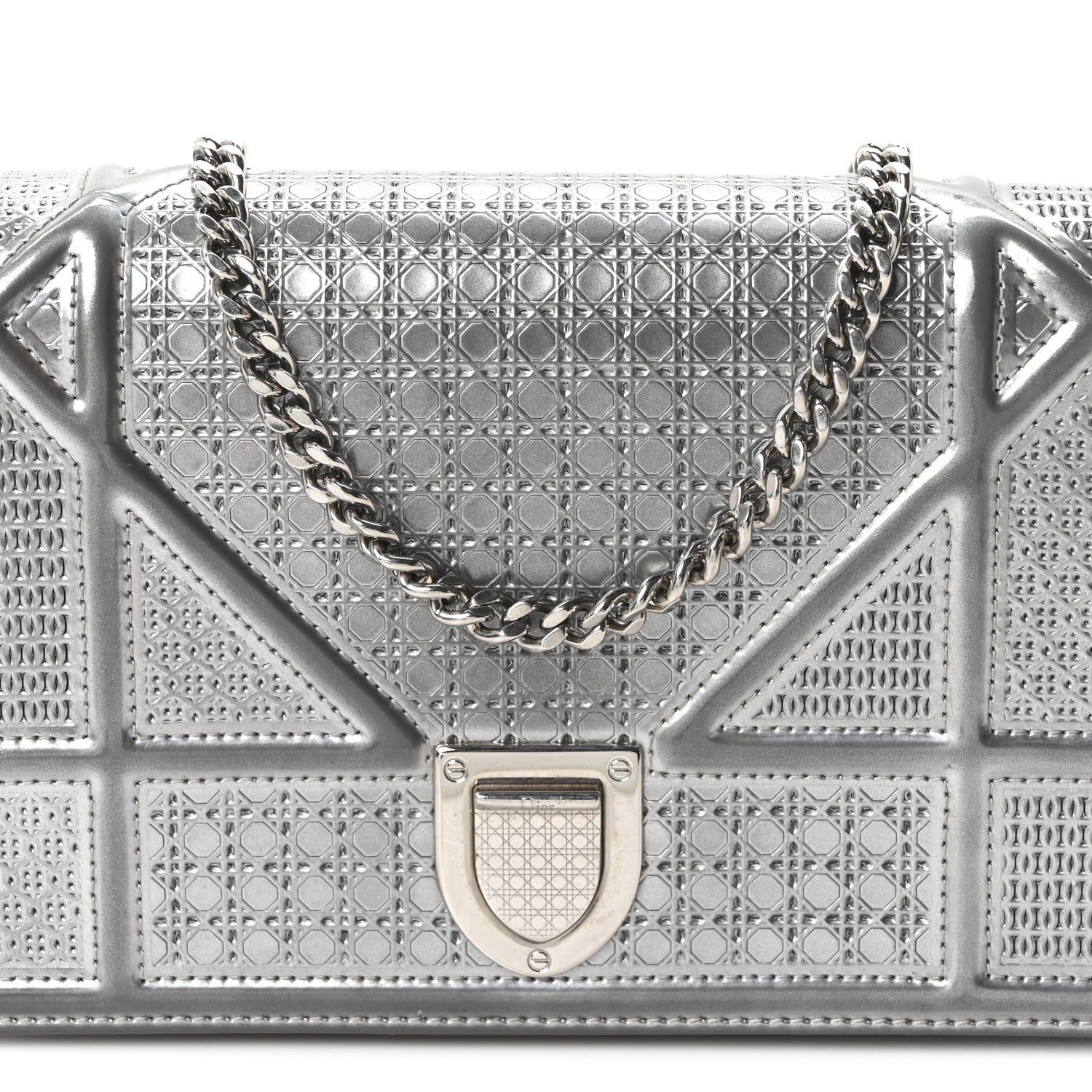 Metallic Patent Micro-Cannage Diorama Wallet on Chain Pouch Silver