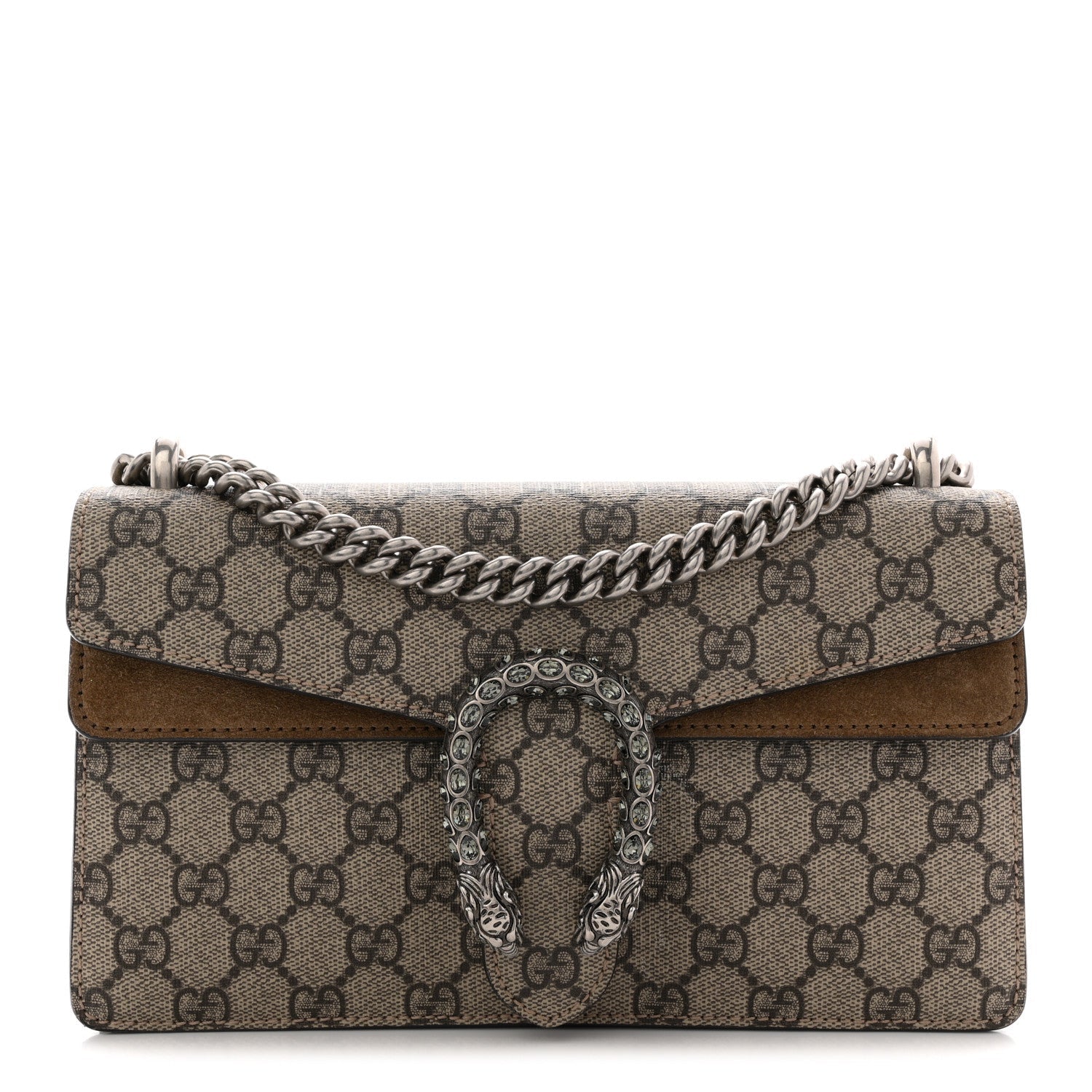 GG Supreme Monogram Suede Crystal Small Dionysus Shoulder Bag Beige Ebony Taupe