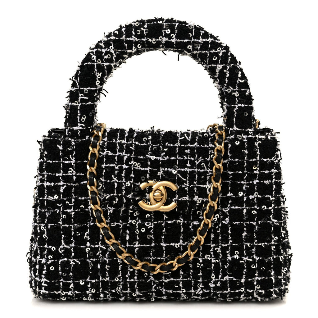 Tweed Quilted Nano Kelly Shopper Black White