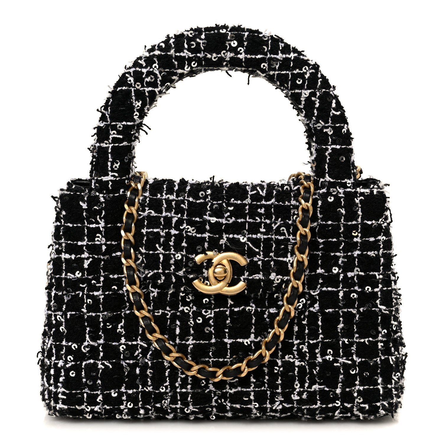 Tweed Quilted Nano Kelly Shopper Black White