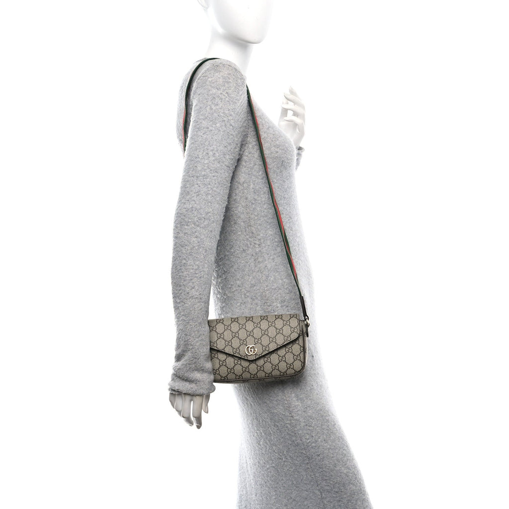 GG Supreme Monogram Textured Dollar Calfskin Web Mini Ophidia Envelope Shoulder Bag Beige Ebony