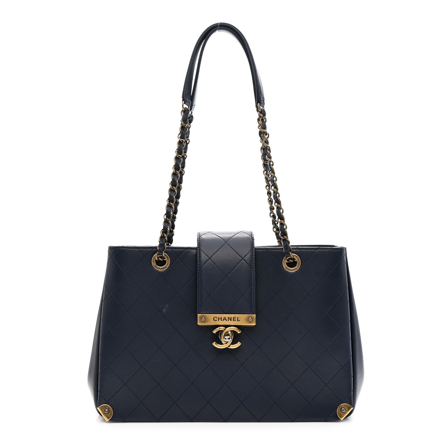 Lambskin Stitched Medium Around The Corner Shopping Tote Deep Marine