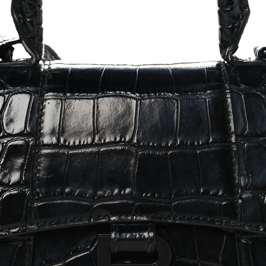 Shiny Calfskin Monochrome Crocodile Embossed Small Hourglass Top Handle Bag Black