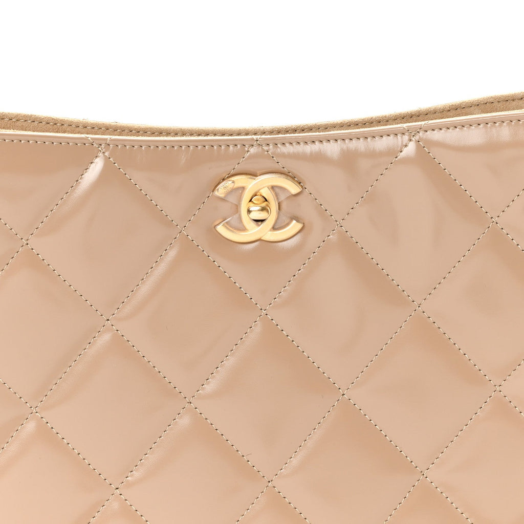 Shiny Calfskin Suede Goatskin Quilted Hobo Beige