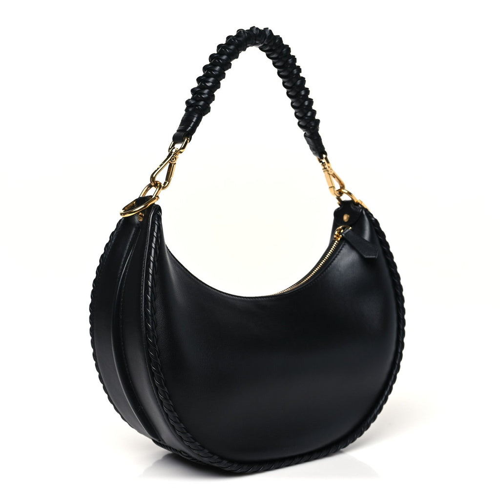 Vitello Grace Matte Whipstitch Small Fendigraphy Hobo Bag Black