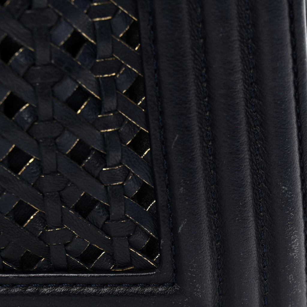 Lambskin Braided Woven Medium Boy Flap Navy Black