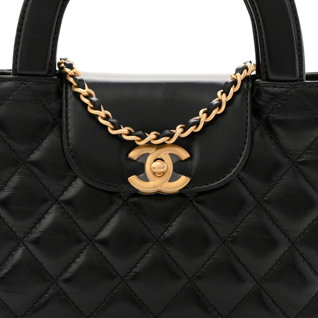 Shiny Aged Calfskin Quilted Nano Kelly Shopper Black