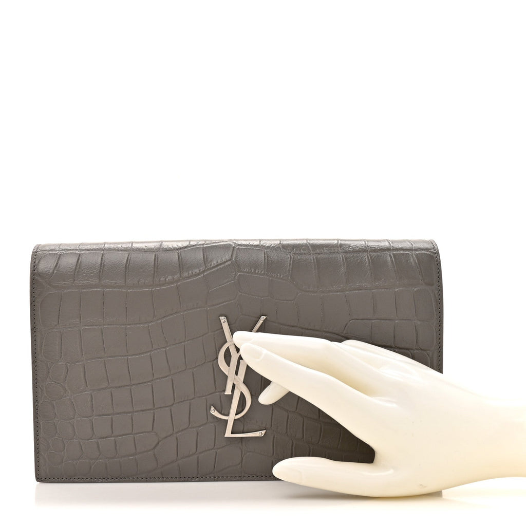 Croc Embossed Calfskin Classic Kate Monogram Clutch Fog