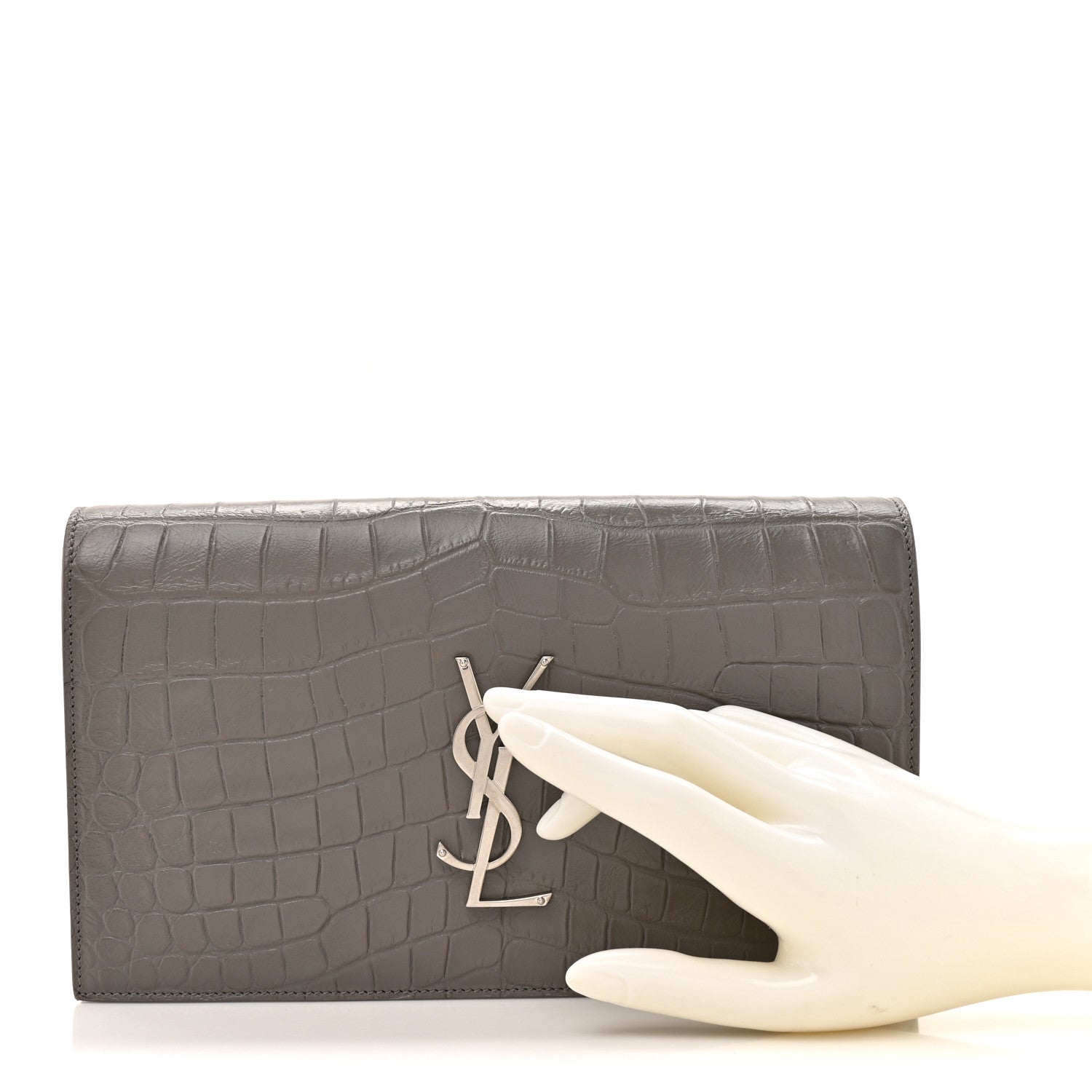 Croc Embossed Calfskin Classic Kate Monogram Clutch Fog