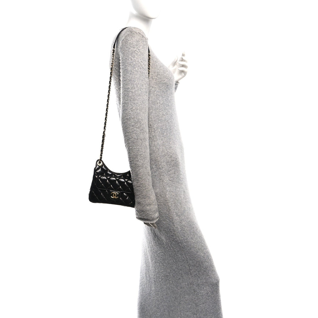 Shiny Crumpled Calfskin Quilted Small Wavy CC Hobo Black