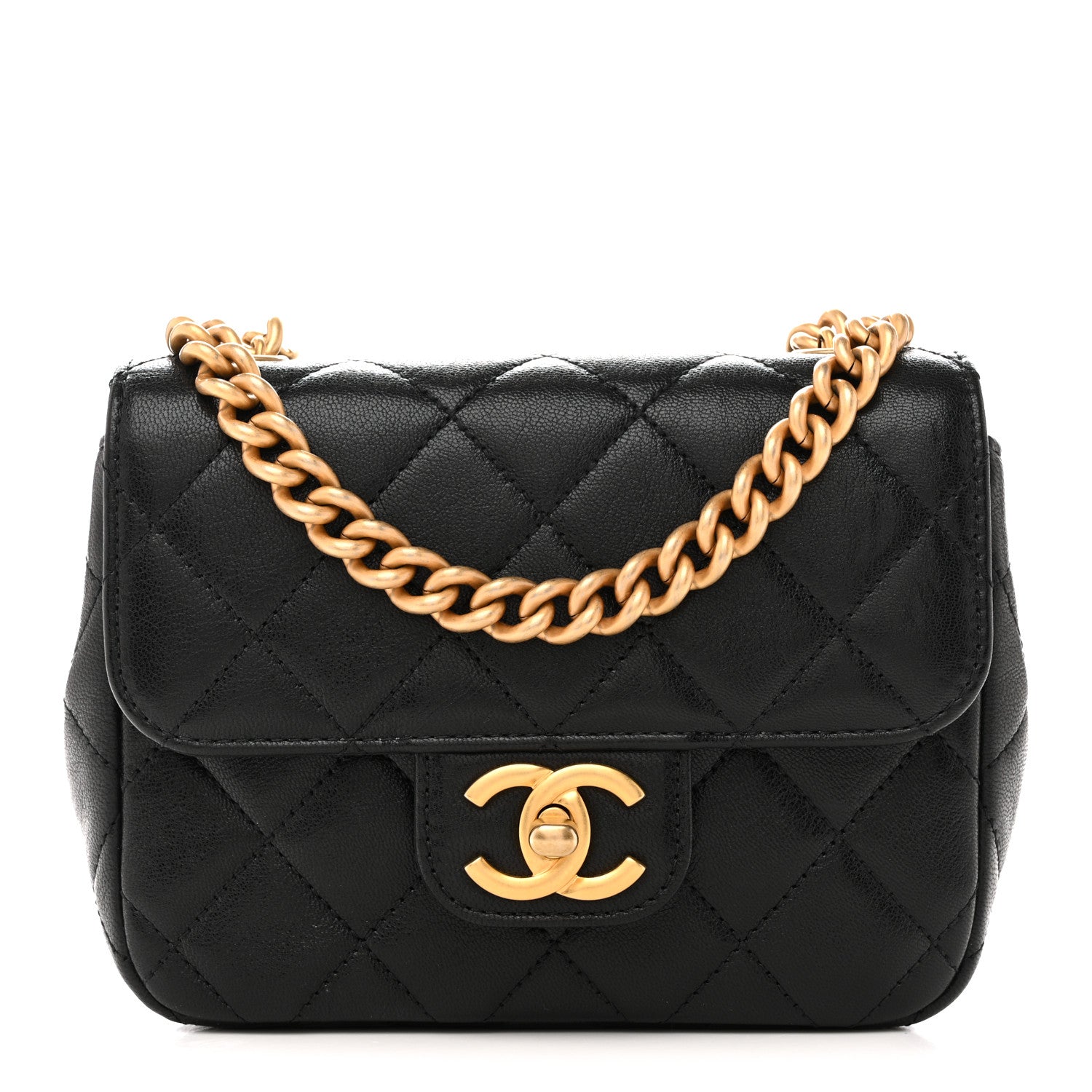 Shiny Goatskin Quilted Mini Chain Strap Flap Black
