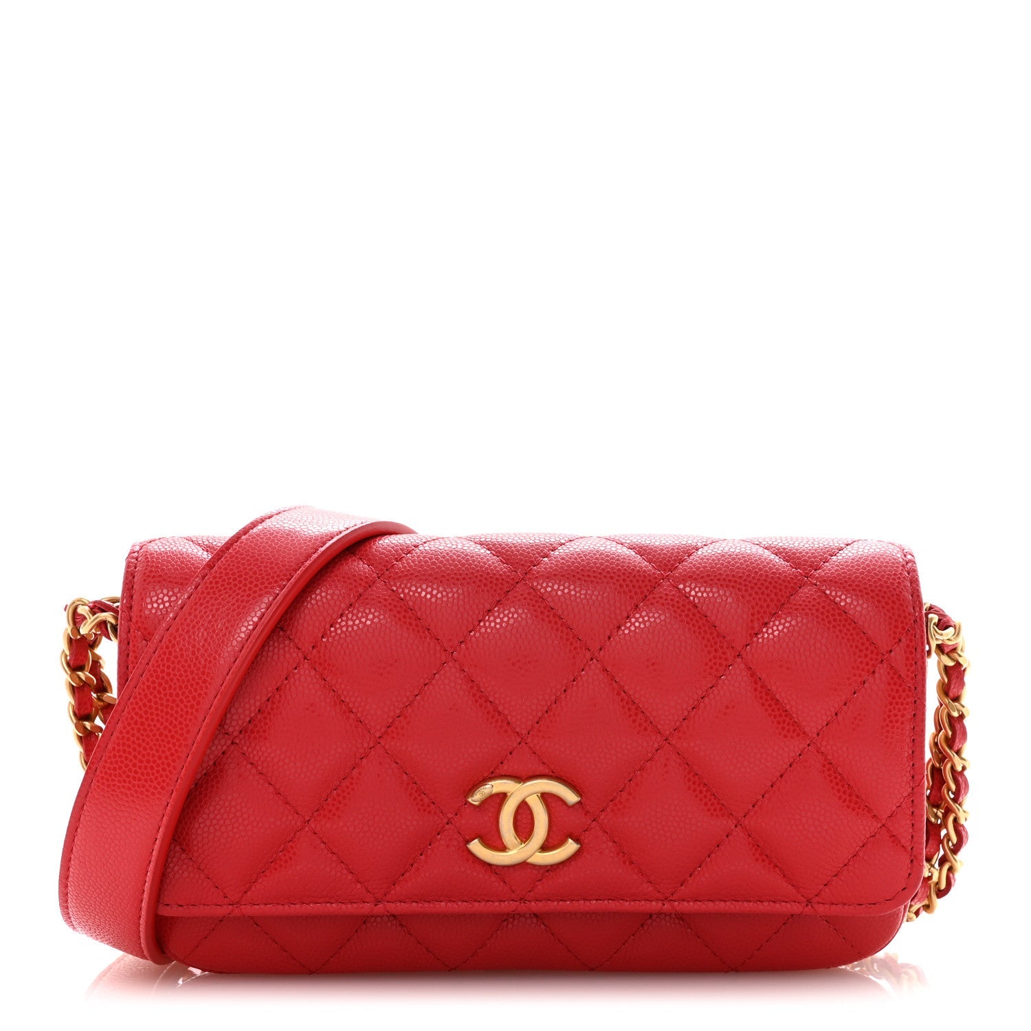 Caviar Quilted Yours Buttons Phone Holder With Chain Red