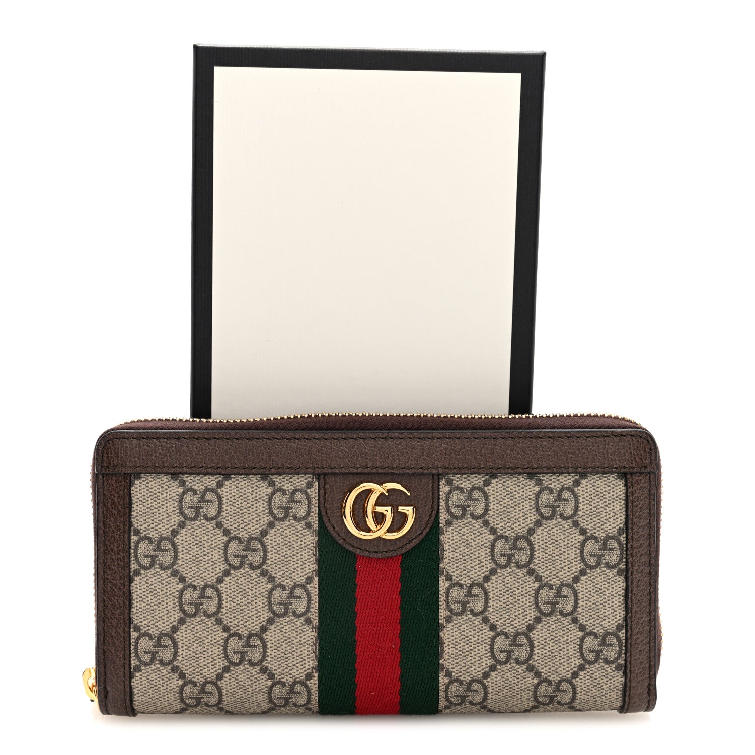 GG Supreme Monogram Web Ophidia Zip Around Wallet Brown
