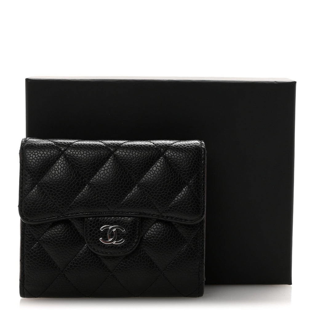 Caviar Quilted Compact Flap Wallet Black