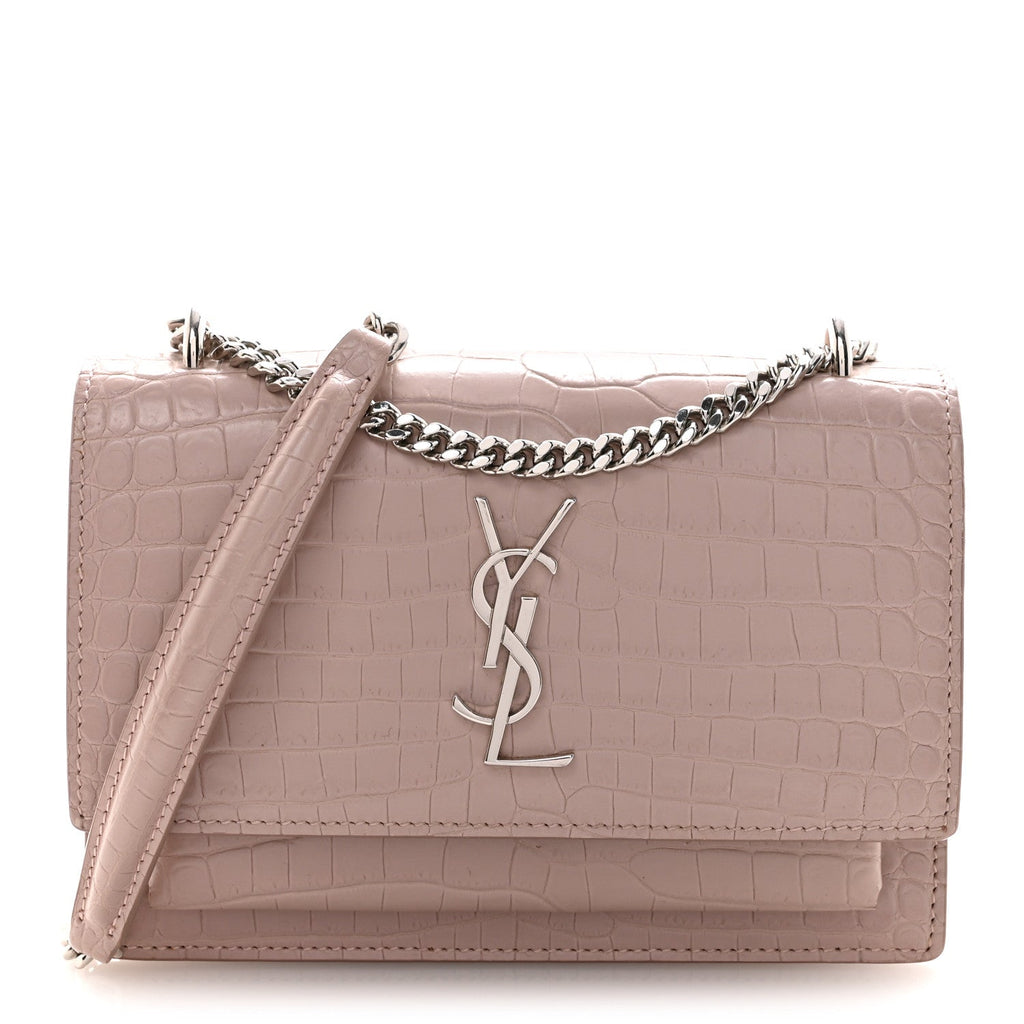 Calfskin Crocodile Embossed Monogram Sunset Chain Wallet Soft Nude