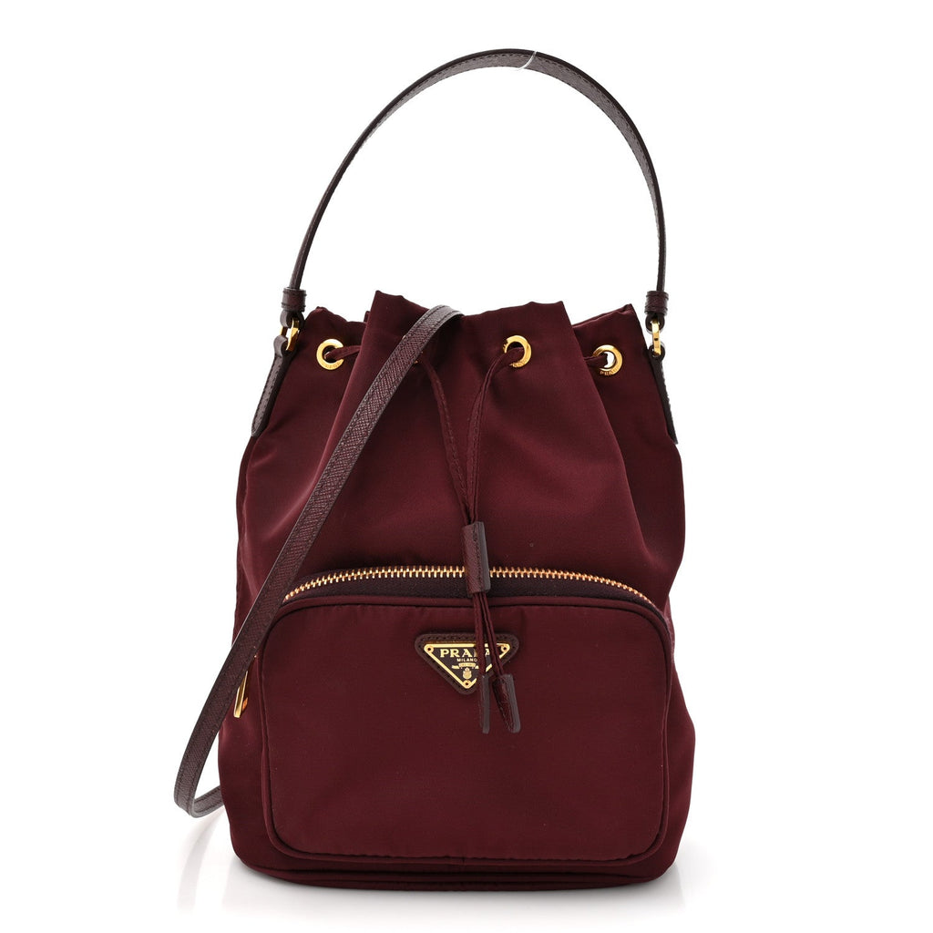 Saffiano Tessuto Nylon Mini Bucket Crossbody Bag Granato