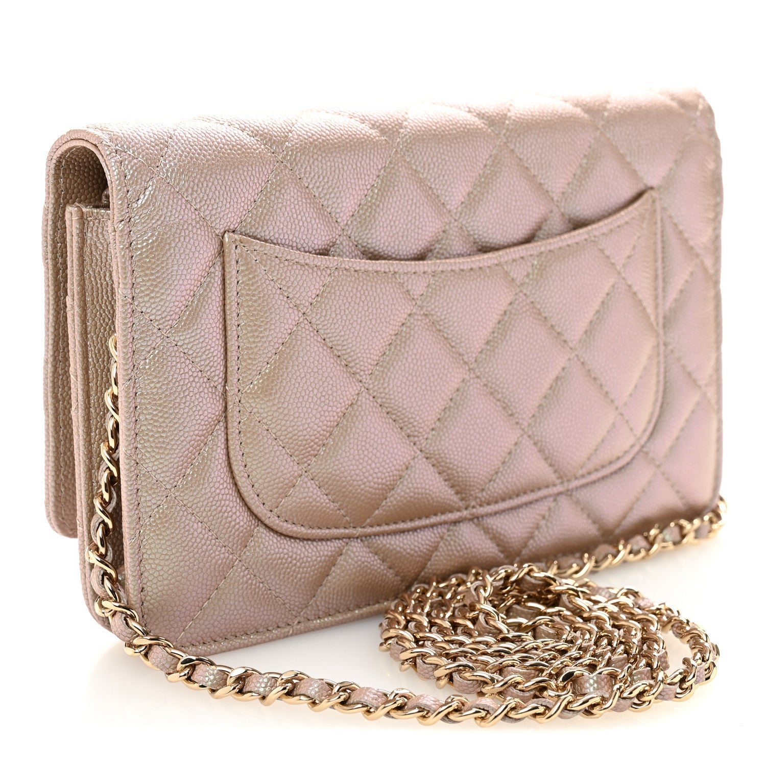 Iridescent Caviar Quilted Wallet on Chain WOC Beige