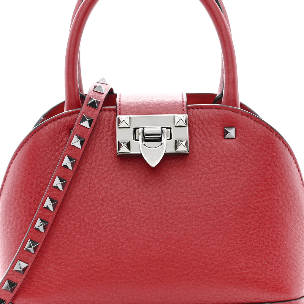 Grainy Calfskin Small Rockstud Double Top Handle Bag Rosso Valentino