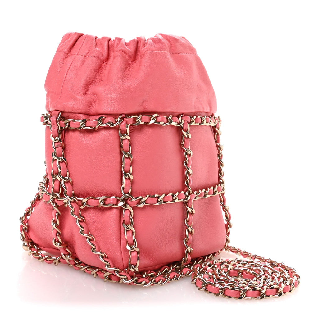 Lambskin Bucket Chain Drawstring Bag Pink