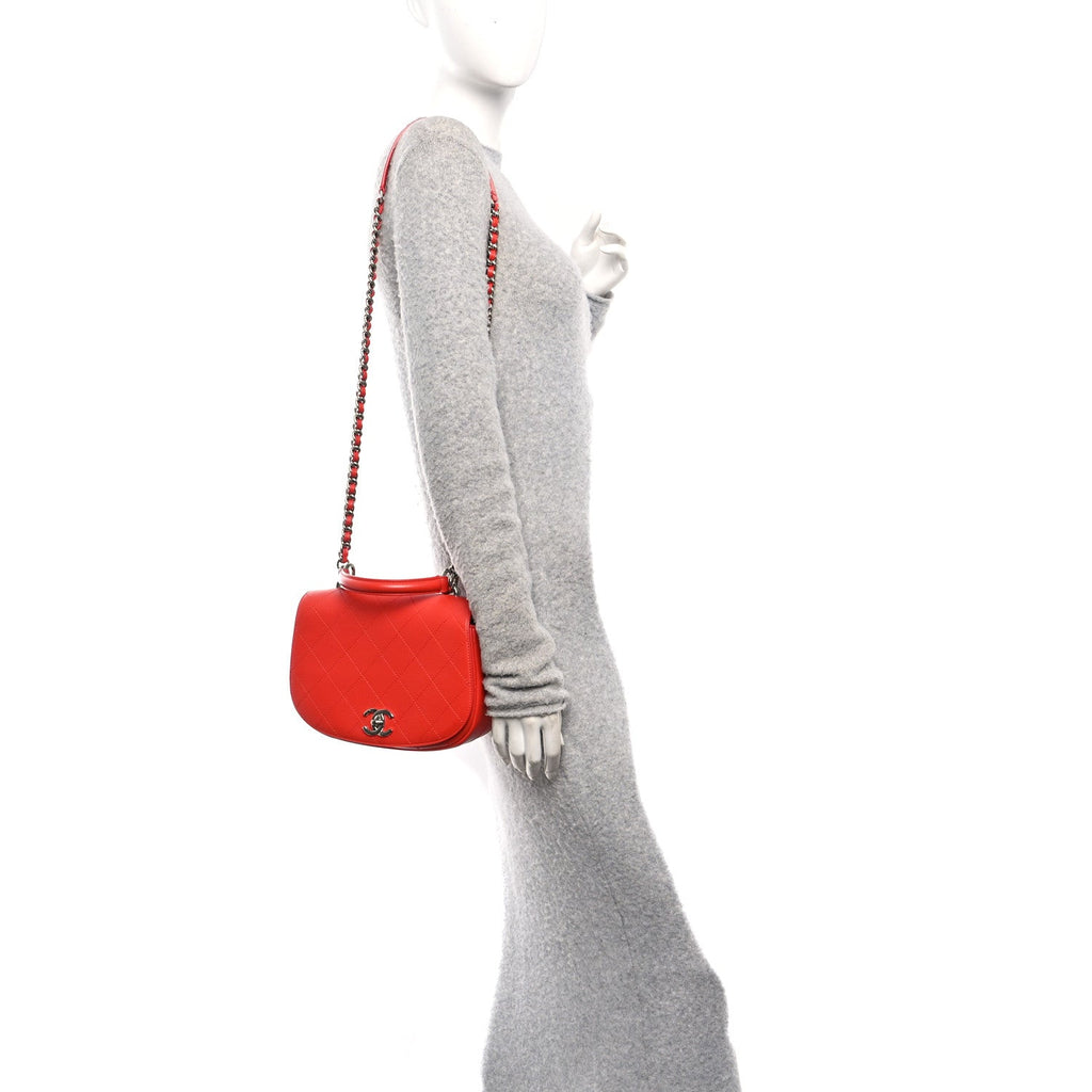 Calfskin Stitched Small Ring My Bag Flap Crossbody Red