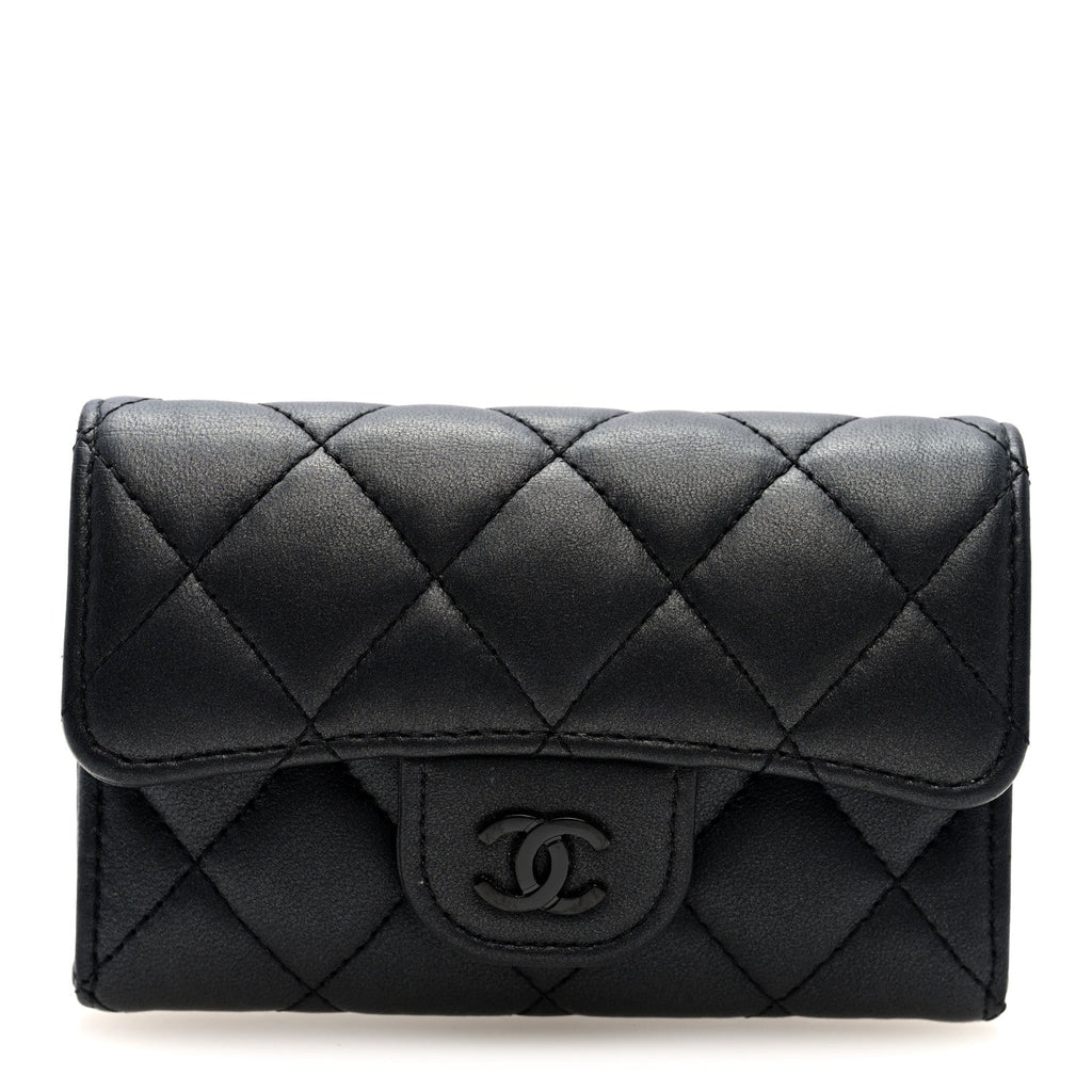 Pearly Lambskin Quilted Flap  Holder Wallet So Black