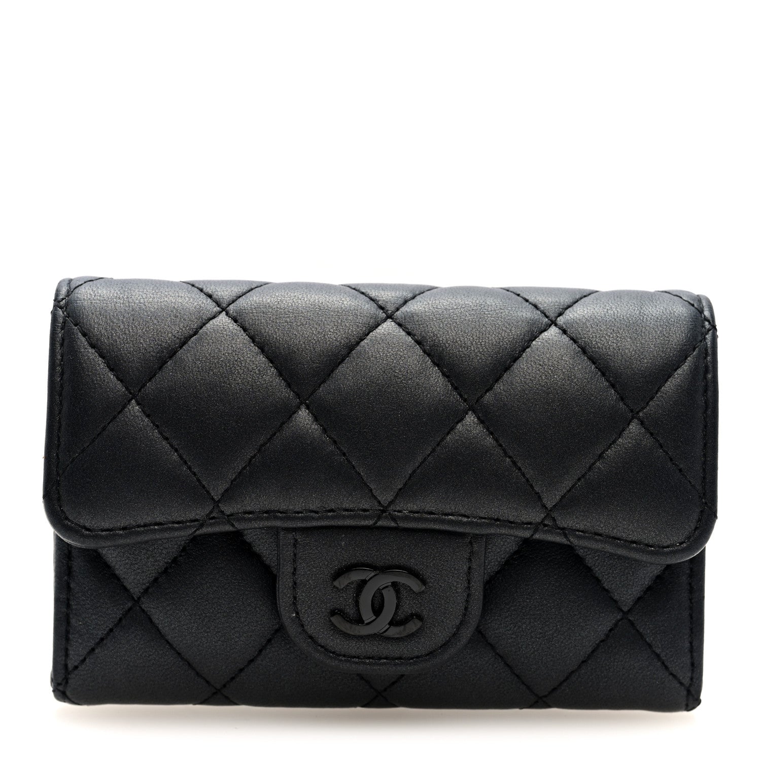 Pearly Lambskin Quilted Flap  Holder Wallet So Black