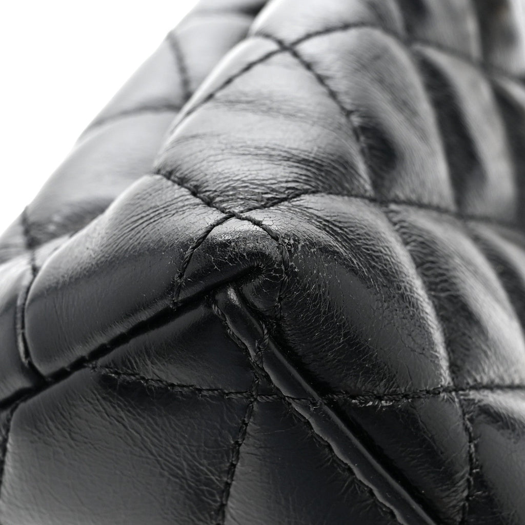 Shiny Aged Calfskin Quilted Nano Kelly Shopper Black