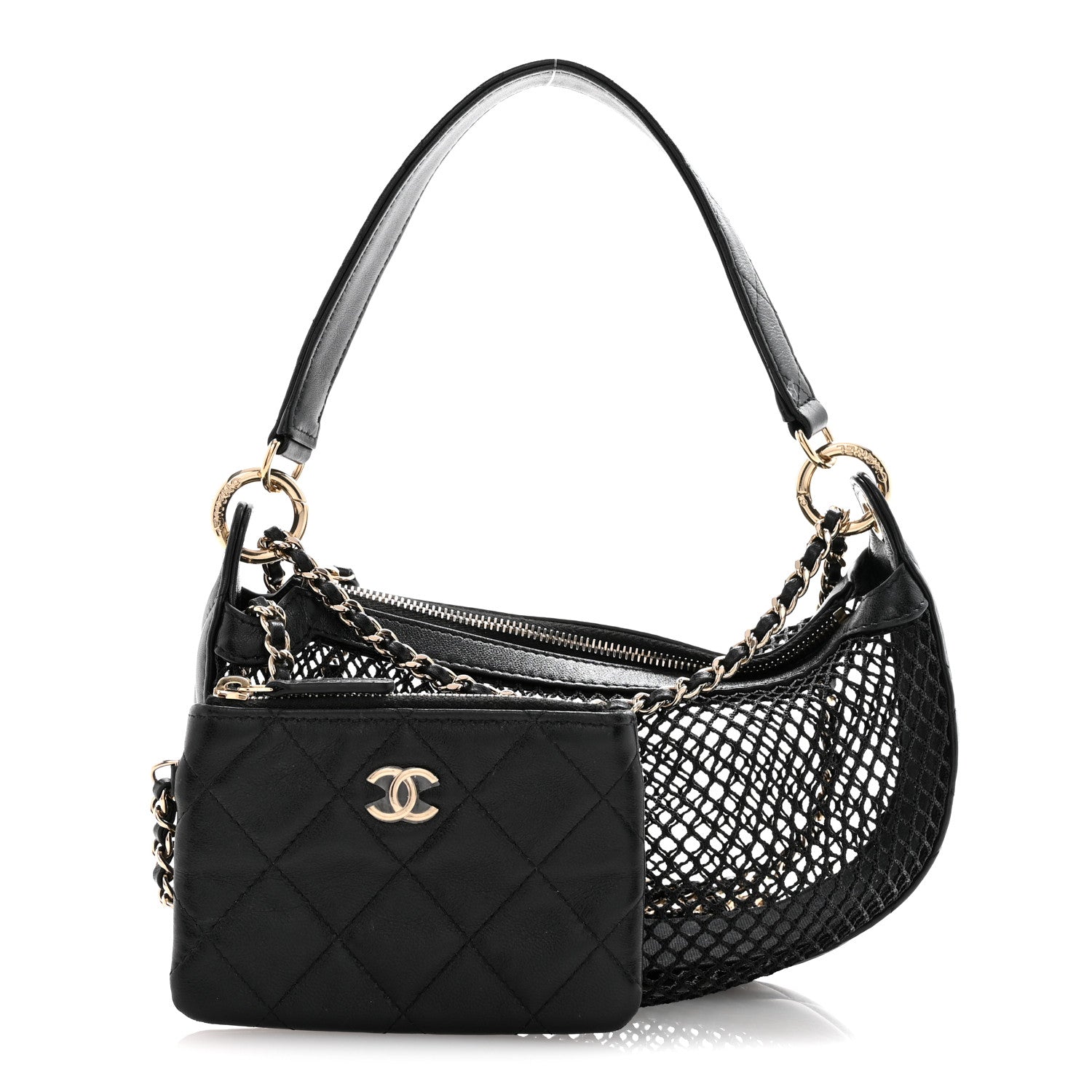 Mesh Shiny Lambskin Chain Hobo Black