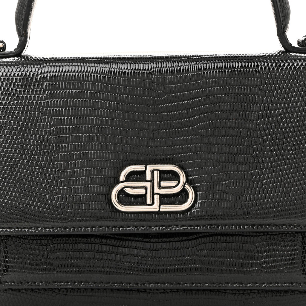 Patent Calfskin Lizard Embossed XS Sharp Top Handle Bag Black