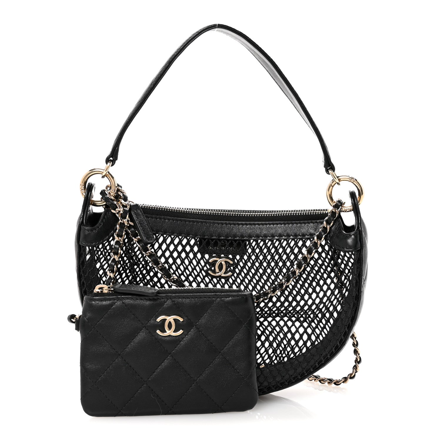 Mesh Shiny Lambskin Chain Hobo Black