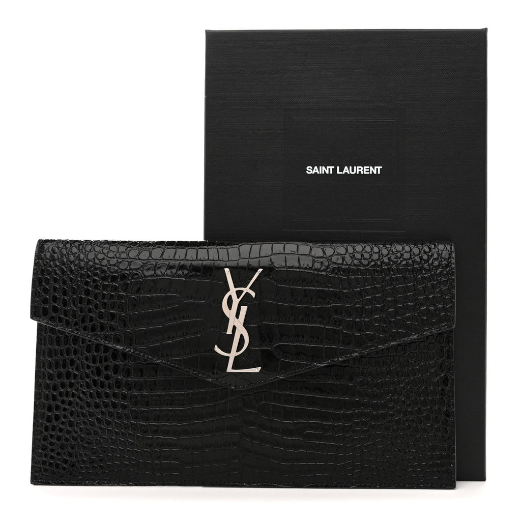 Calfskin Crocodile Embossed Uptown Monogram Pouch Black
