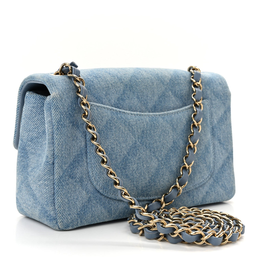 Printed Denim Quilted Mini Rectangular Flap Light Blue