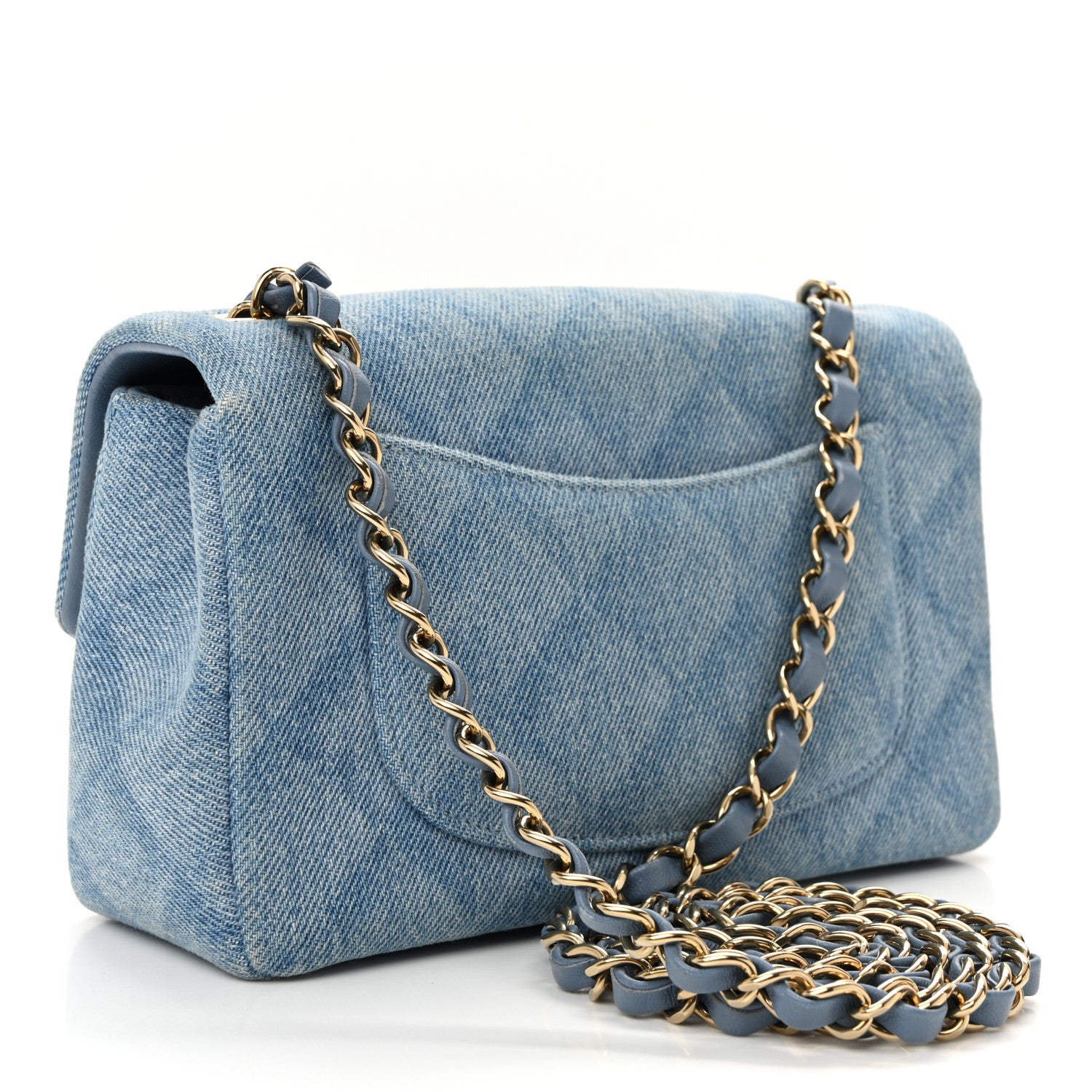 Printed Denim Quilted Mini Rectangular Flap Light Blue