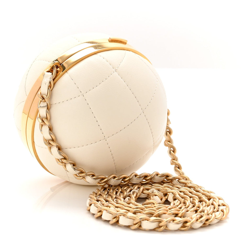 Lambskin Quilted Sphere Minaudiere Chain Clutch White