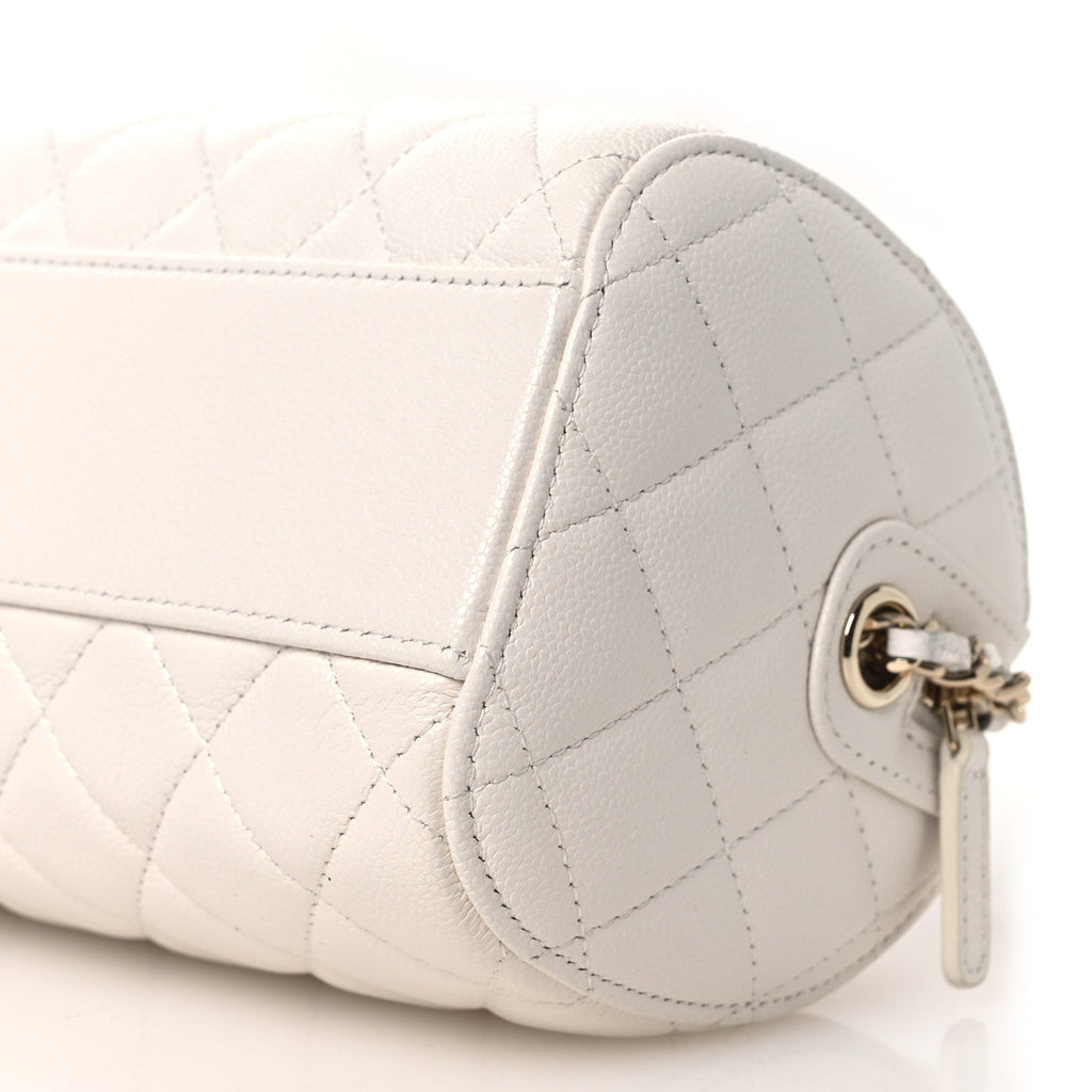 Caviar Quilted Barrel Clutch With Chain White