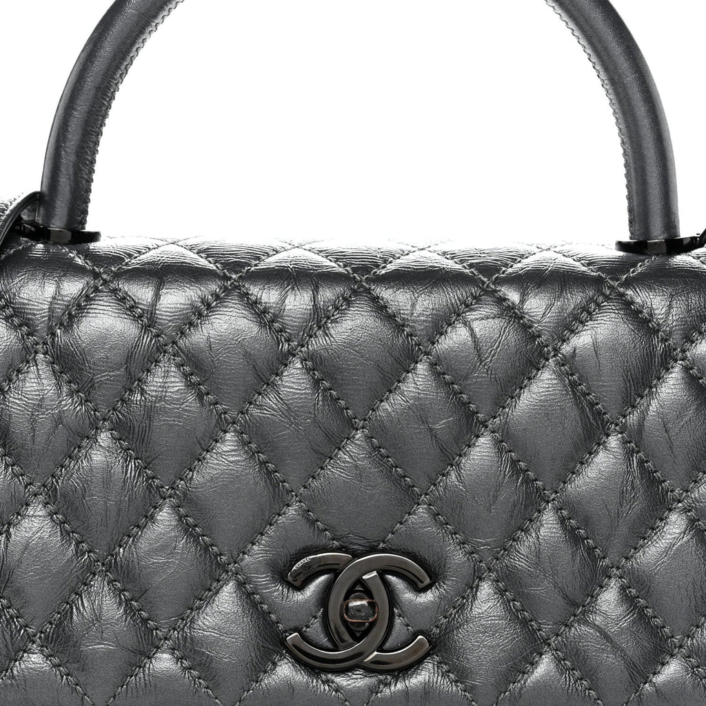 Metallic Aged Calfskin Quilted Small Coco Handle Flap Charcoal