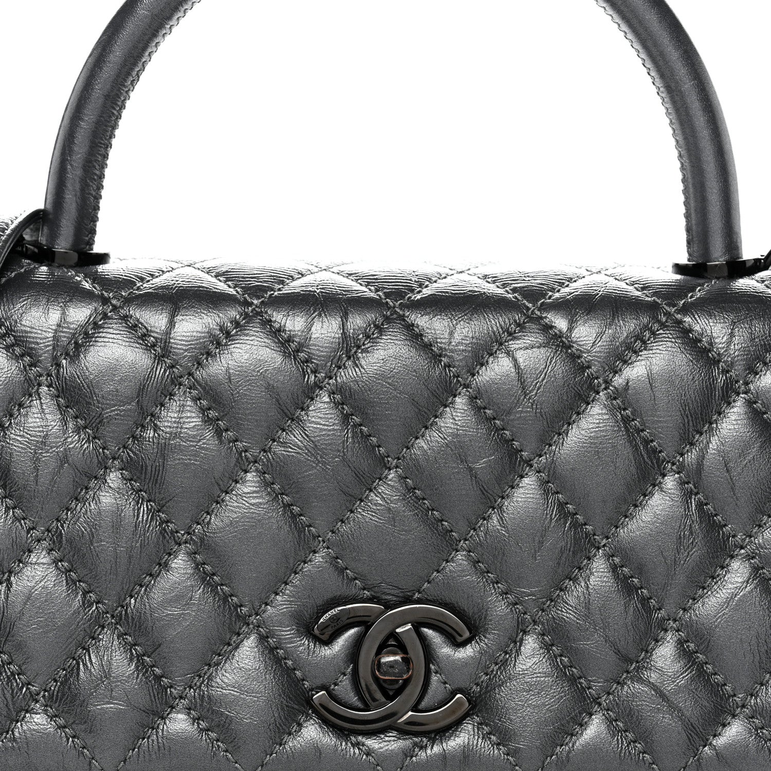Metallic Aged Calfskin Quilted Small Coco Handle Flap Charcoal