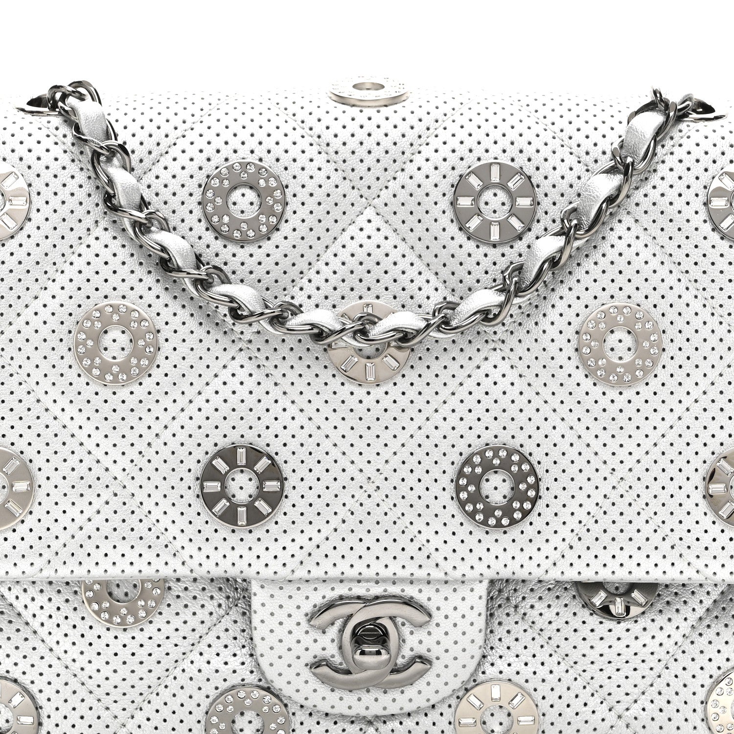 Perforated Metallic Lambskin Small CC Medals Flap Silver