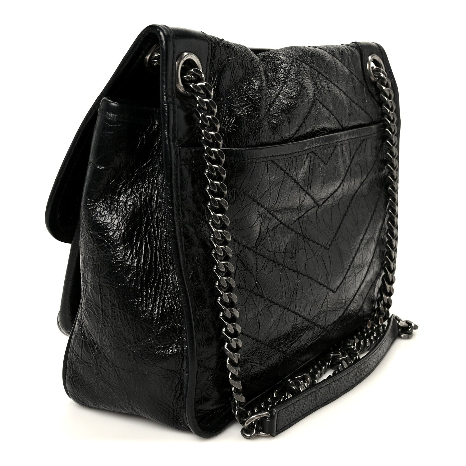 Crinkled Calfskin Matelasse Monogram Medium Niki Chain Satchel Black